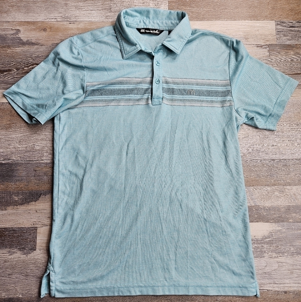Travis Mathew Men's Small Golf Polo Light Blue with Stripes